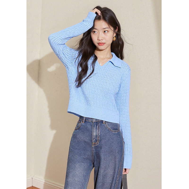 [Mai*Order] Retro Lapel Cable-Knit Light Blue Knitwear for Women 2025 Autumn and Winter New Elegant Slimming Look Top