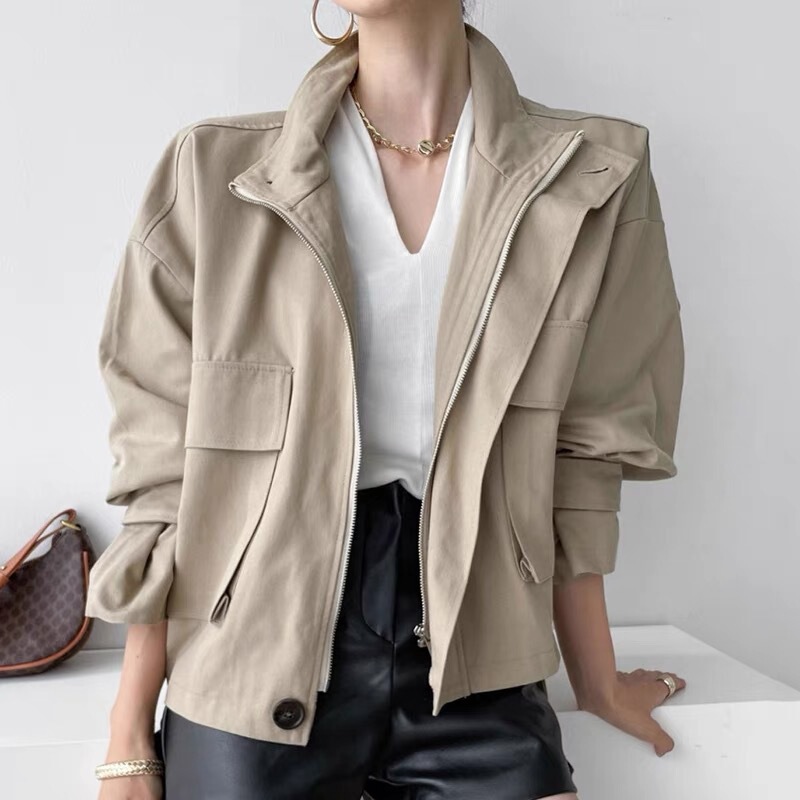 Korean Chic Stylish Stand Collar Women's Jacket Spring and Autumn Zipper Loose American Motorcycle Workwear Short Coat Trendy
