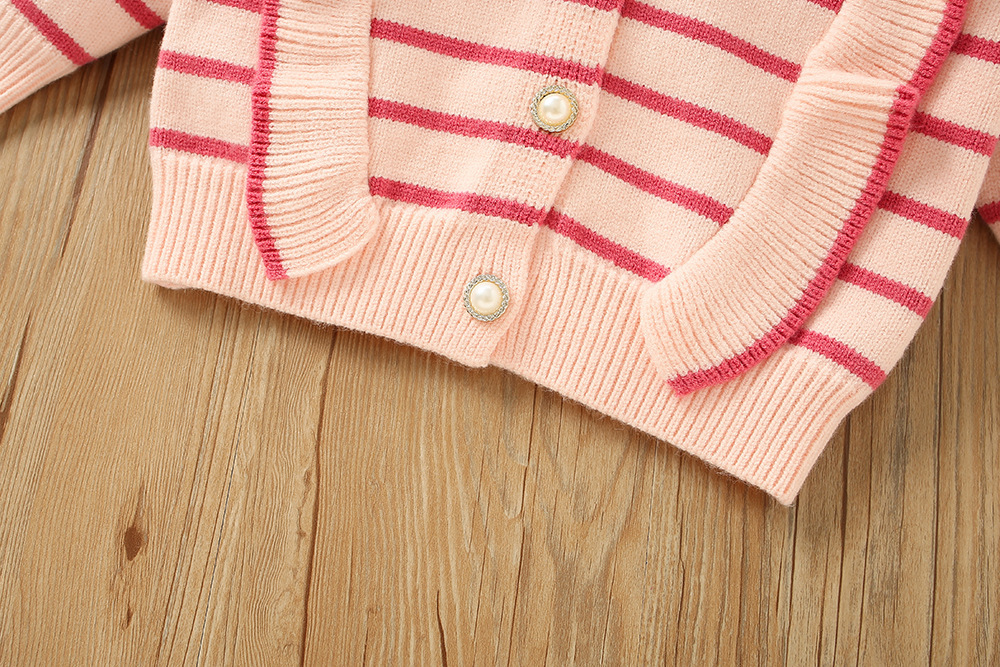 Girls' Sweater S 2023 Winter New Korean Edition Western Style Girl Stripe Wooden Ear Edge Children's Pants Two Piece_voghion.com