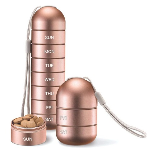 Metal portable pill box for one-week travel in Japan. Convenient sealed small medicine bottle storage portable medicine box for elderly people traveling in Japan.