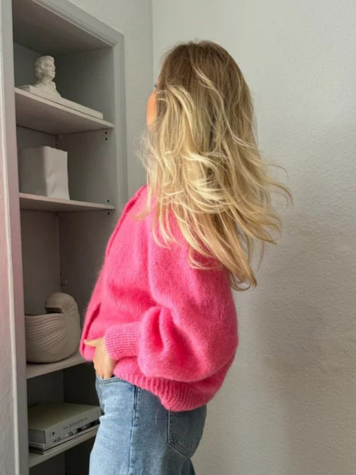 Áo cardigan len dệt kim dáng mỏng nhẹ cài nút một hàng, tay dài cổ tròn nữ — hoa hồng đỏ, màu be, màu cam, màu hoa cà chi tiết 26