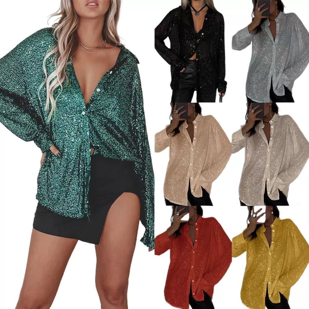 上衣翻领长袖2025新款女装衬衫开衫外套跨境珠片基础款欧美年春夏