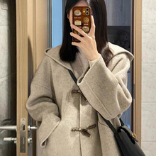 牛角扣连帽呢子大衣女2025年秋冬季新款毛呢外套小个子韩系中长款
