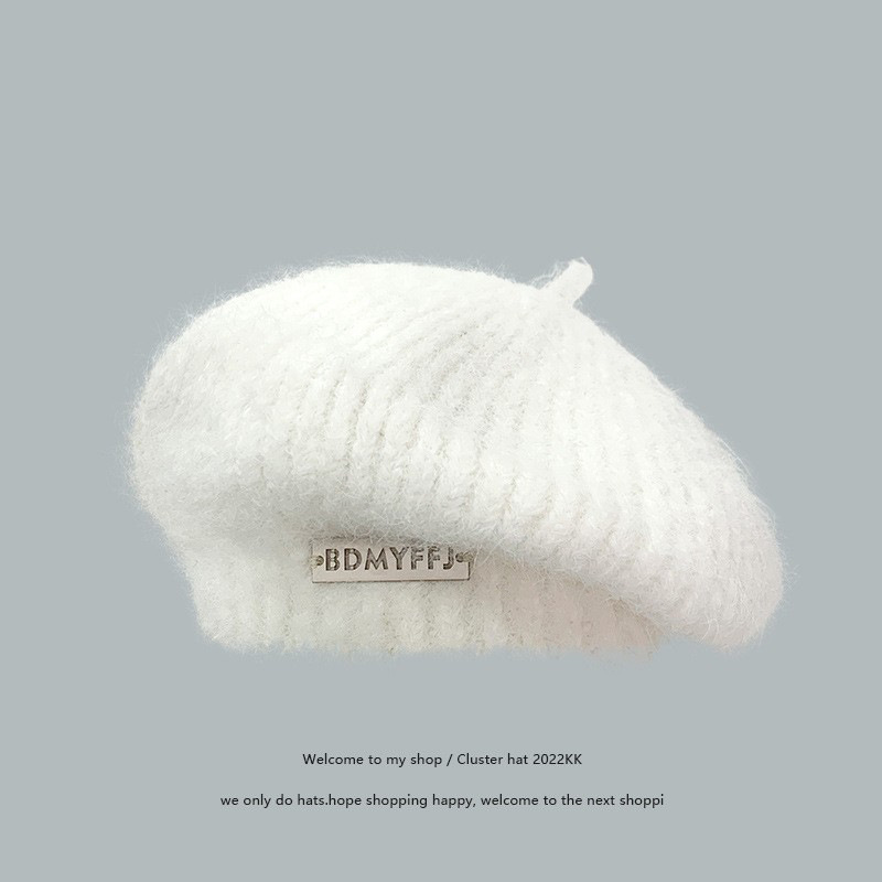 Estilo japonés mohair hierro estándar boina de punto de otoño e invierno de las mujeres cálido sombrero de pintor de felpa cara de aspecto pequeño sombrero de lana