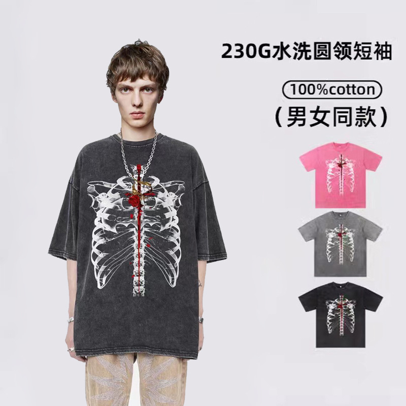Comercio exterior impresión transfronteriza camiseta de manga corta hombre verano retro relajado pareja hip hop vientos casuales blusa