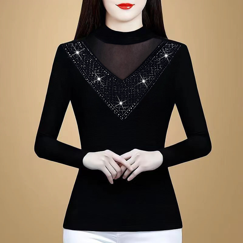 Half-High Collar Lace Mesh Bottoming Shirt for Women Spring and Autumn 2026 New Style Long-Sleeved Top Women's Black T-Shirt Half-High Collar Lace Mesh Bottoming Shirt for Women Spring and Autumn 2026 New Style Long-Sleeved Top Women's Black T-Shirt