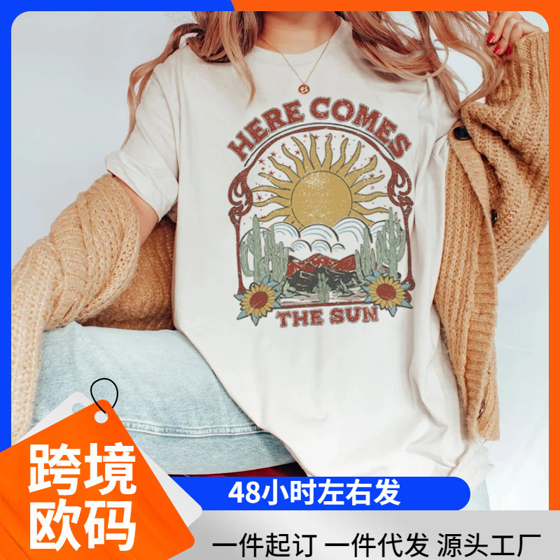 [European Size Cotton t] Here Comes the Sun Retro Pattern Printed T-Shirt Women's 70S Hippie