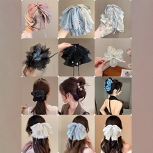 新款韩版雪纺网纱大蝴蝶结马尾发夹高级感气质抓夹半扎发鲨鱼夹女