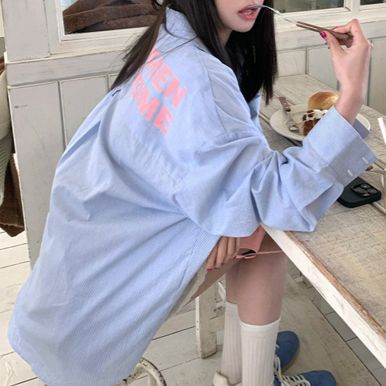 Stylish Blue Striped Print Shirt for Women, Spring/Summer Loose Long-Sleeve Top, Age-Reducing, Sun-Protective, Niche Wholesale Stylish Blue Striped Print Shirt for Women, Spring/Summer Loose Long-Sleeve Top, Age-Reducing, Sun-Protective, Niche Wholesale
