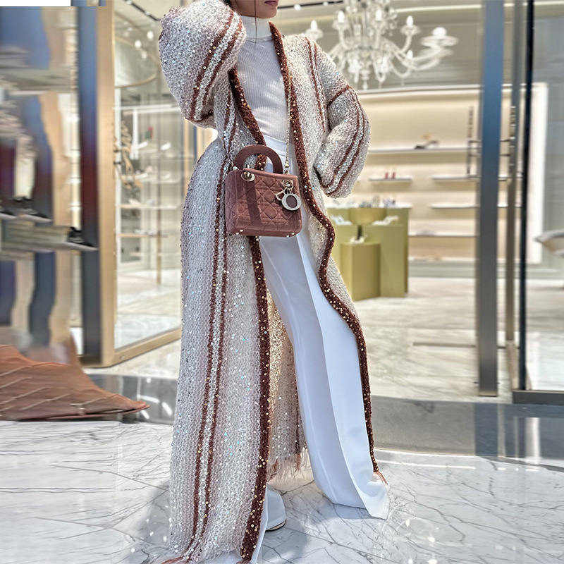 2023 autumn and winter new European and American Amazon cross-border fashion color contrast heavy industry sequins long knee sweater coat 2023 autumn and winter new European and American Amazon cross-border fashion color contrast heavy industry sequins long knee sweater coat