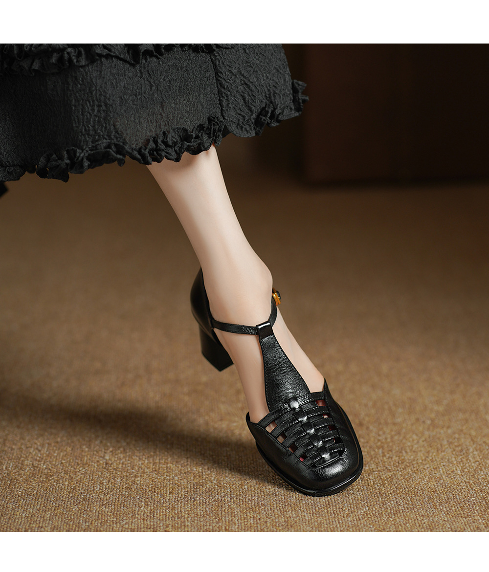 Sandal nữ da bò dệt quai chữ T kiểu La Mã, đế thấp thoáng mát — đen chi tiết 10