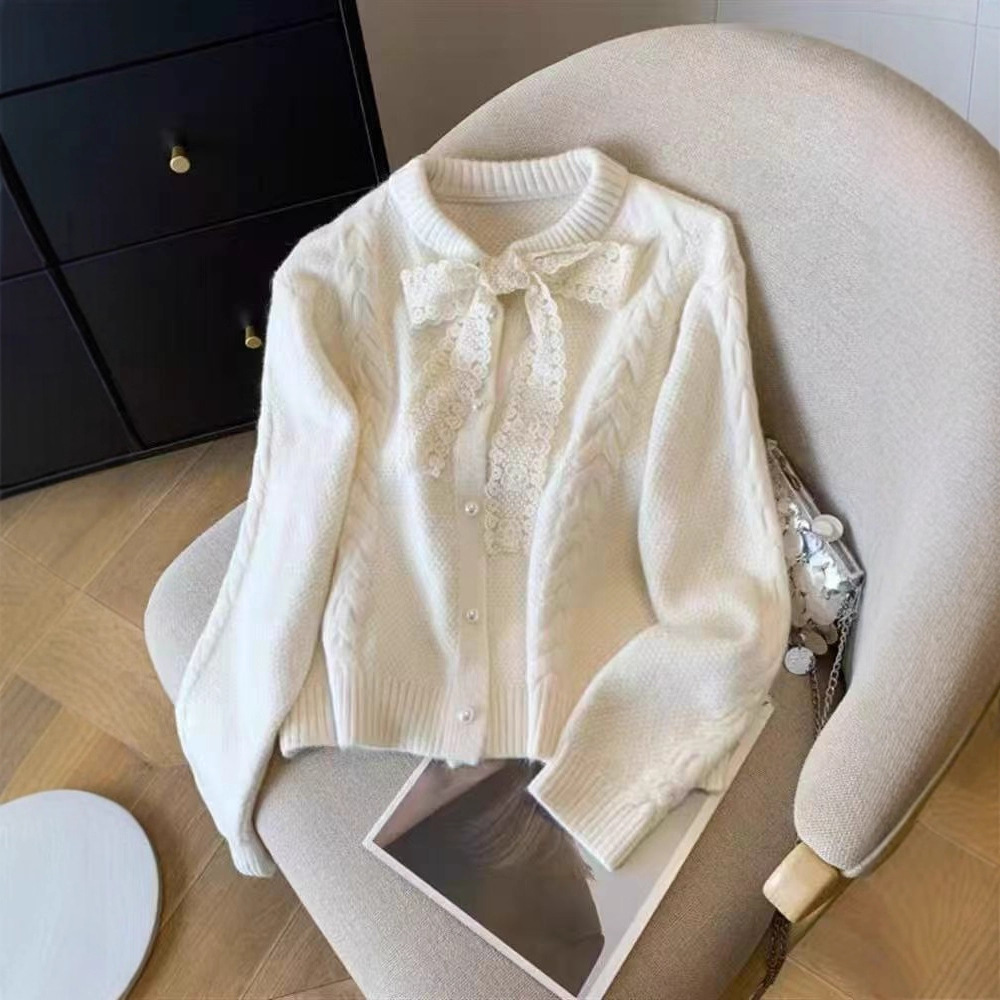 Sweet Age-Reducing Lace Bow Round Neck Sweater Cardigan for Women Autumn and Winter Small Fragrant Top Twist Knitted Jacket for Women