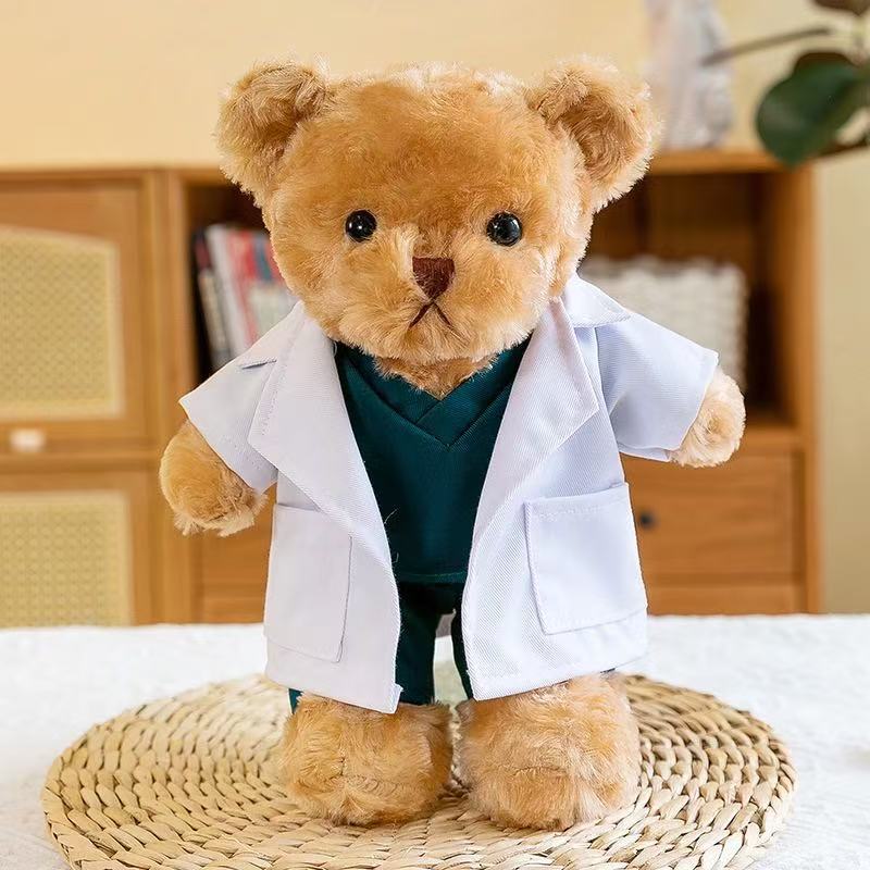 Médico traje de enfermera oso de peluche muñeca de peluche uniforme de enfermera osito puede imprimir logotipo regalo de evento de oso