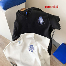 黑白色纯棉t恤女装2024新款夏季宽松落肩印花半袖体恤内搭上衣