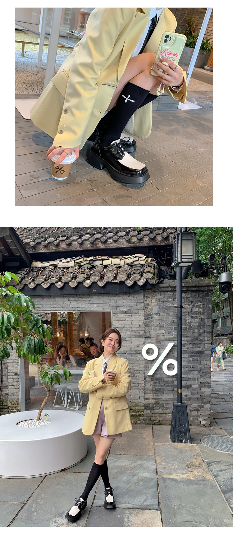 Giày loafer nữ đế xuồng platform da thật buộc dây phối màu đen trắng — màu đen chi tiết 12