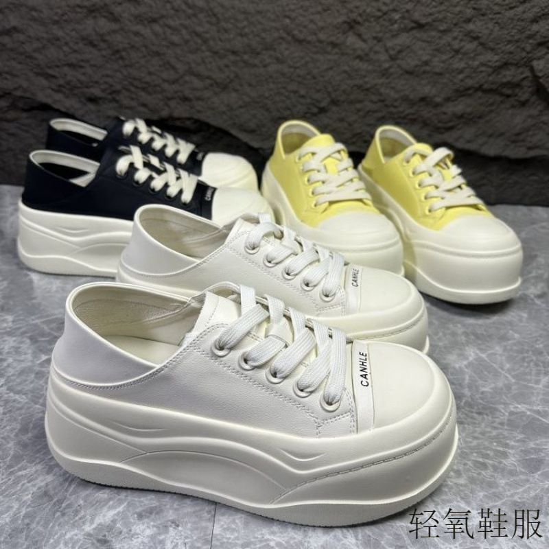黄色春夏季女鞋松糕底板鞋2025中跟厚底运动休闲鞋子浅口系带单鞋|undefined