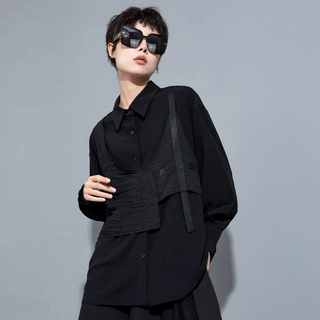 假两件衬衫暗黑系个性马甲衬衫休闲宽松百搭女装设计感简约上衣潮