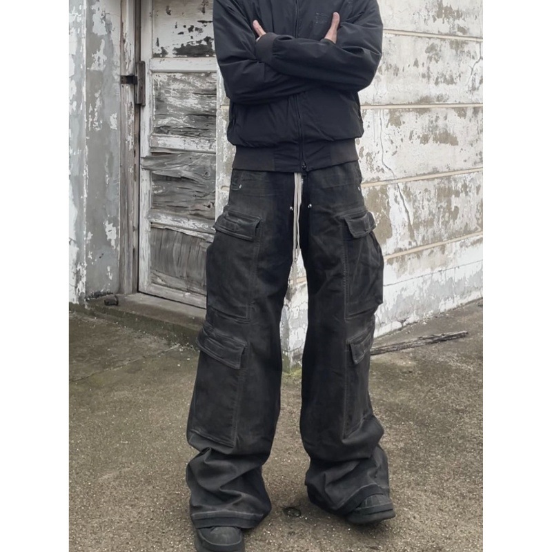 Unchanged design, RO style, 23ss wide-leg washed grey jeans, vibe-style smoky grey unisex cargo pants.