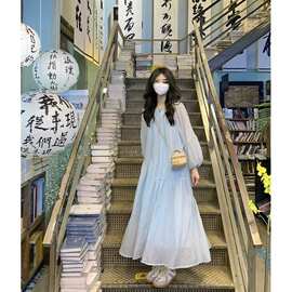 【原版面料＋内里】慵懒风冰川蓝灯笼袖连衣裙女秋季宽松不规则长
