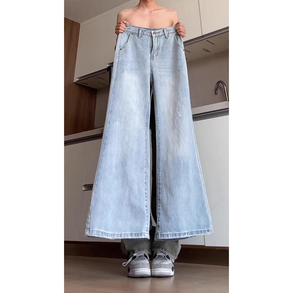 Light Blue American Soft Jeans Men's Summer Loose Wide-Leg Pants Extra Long Straight-Leg Pants for Tall People