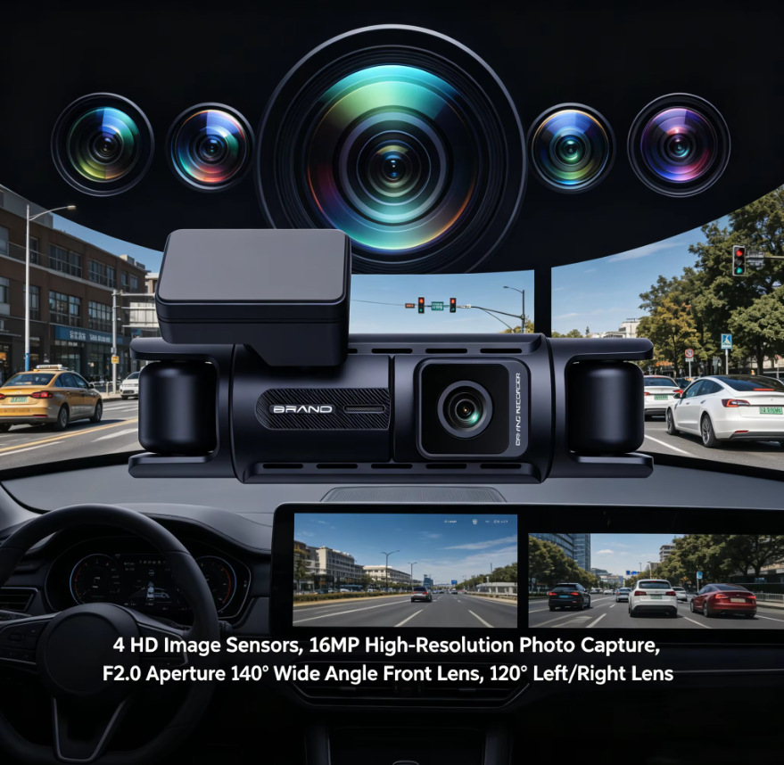 Cross-Border Hot-Selling Four-Channel Panoramic Driving Recorder with 3.4inch Ips High-Definition Display Screen and Four-Way Recording