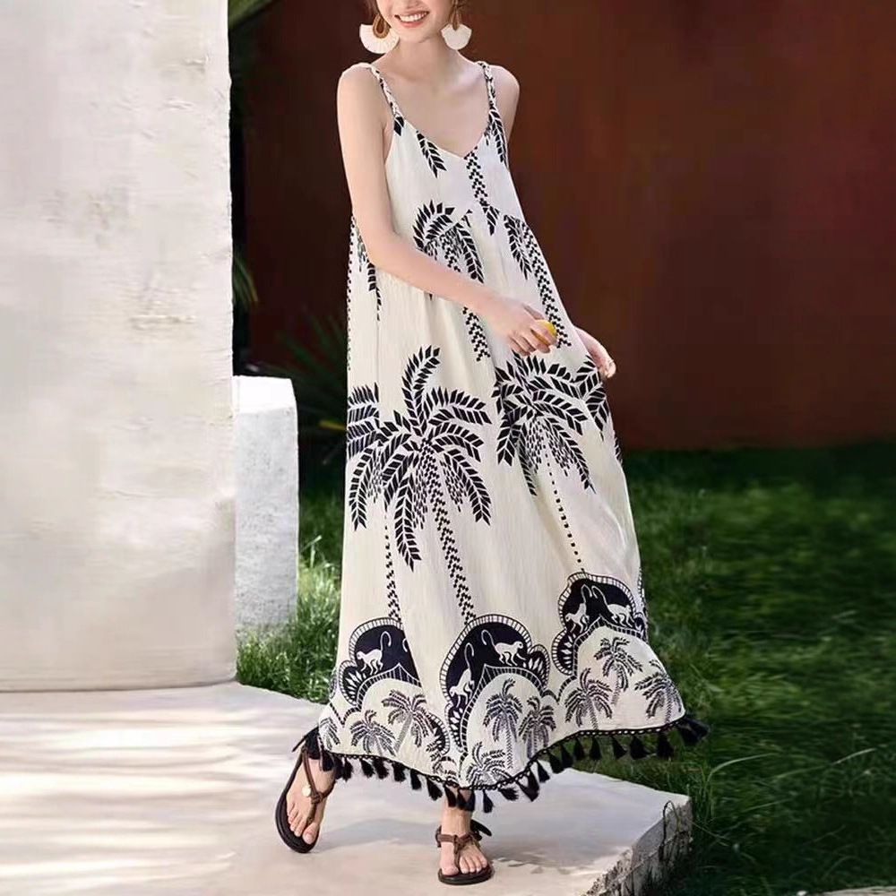 实拍高个子民族风连衣裙2025夏季新款韩系穿搭超长款及踝印花裙子