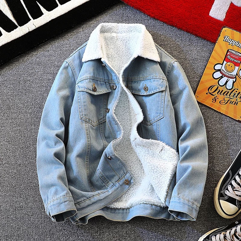 秋冬季加绒牛仔外套男加厚夹克韩版宽松棉衣仿羊羔毛大码牛仔衣潮
