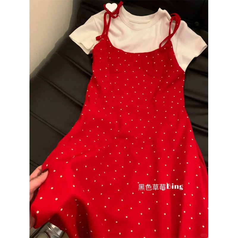 (2개) 한국 스타일 INS 부드러운 웨이브 포인트 슬링 원피스 여성 여름 디자인 센스 레이스 업 느슨한 슬리밍 우아한 롱 원피스