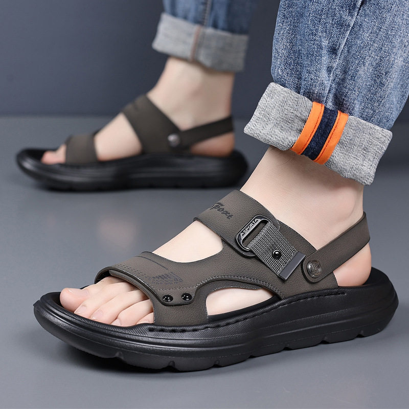 Dép sandal nam da thật đế xốp nhẹ thủ công, gót 3,5 cm, thoáng khí chống trượt — màu vàng