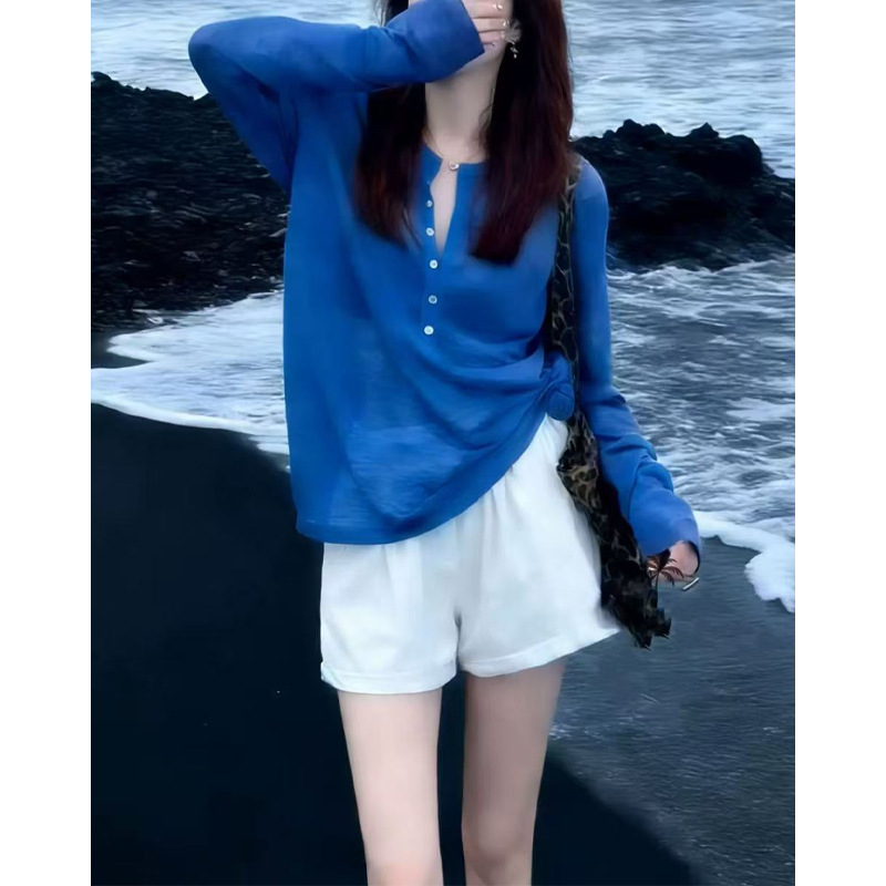 2026 Spring and Summer New Style Ice Silk Thin Pullover Half-Button Knitted Blouse for Women Loose Long-Sleeved Sun Protection Top