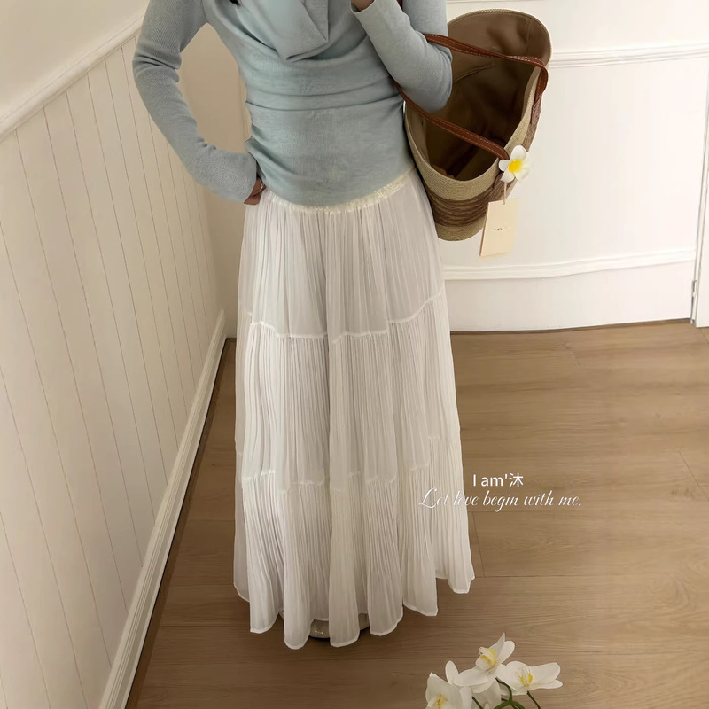 High-Density Chiffon Pleated Cake Skirt, Elegant Spring and Summer High-Waisted, Drapey, Slimming, Versatile, Gentle Style, Long Skirt