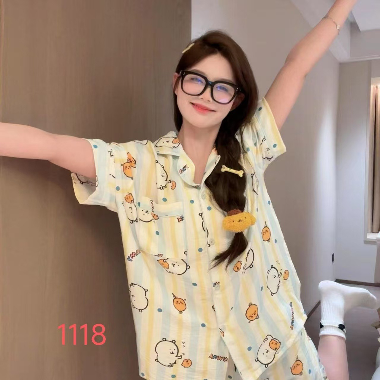 Al por mayor transfronterizo cantidad de preciosos pantalones cortos de mangas cortas de verano pijamas de nube de algodón nuevo cardigan con solapa dibujos animados ropa para el hogar