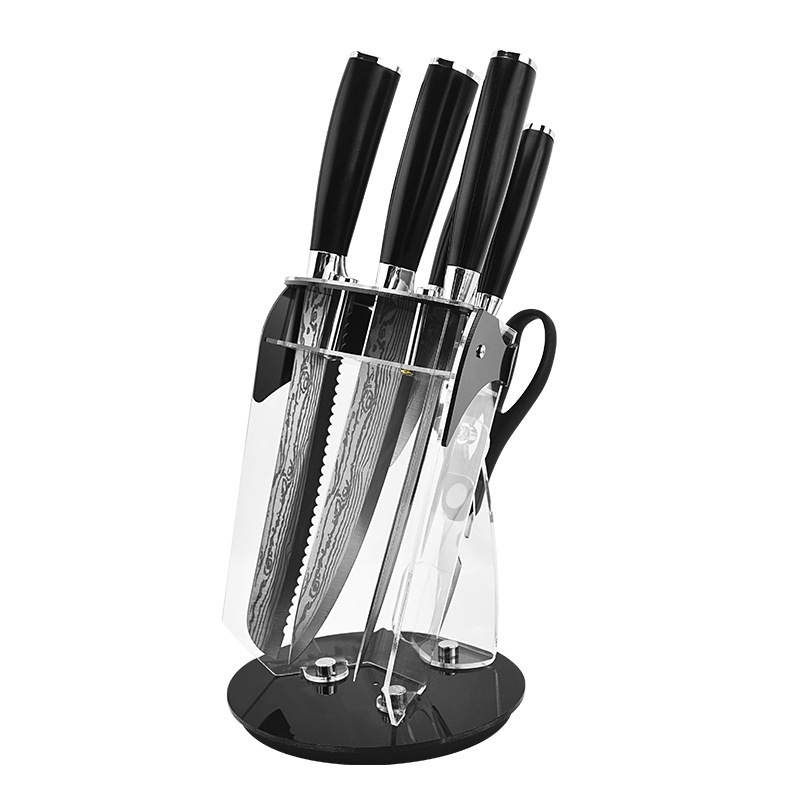 Exportación Acrílico Soporte de almacenamiento de herramientas giratorias Cuchillo de cocina Damasco Juego de herramientas de cocina con patrón láser de acero inoxidable