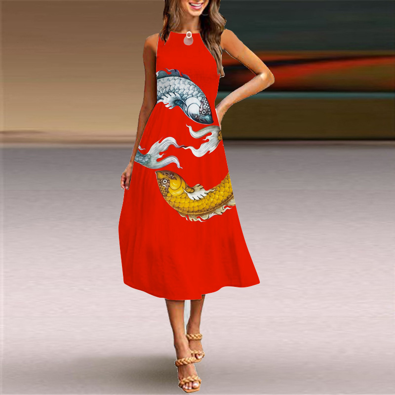 2022 Cross-Border European and American New Sleeveless Long Dress Chinese Style Printed Large Swing Skirt Bohemian Beach Long Dress