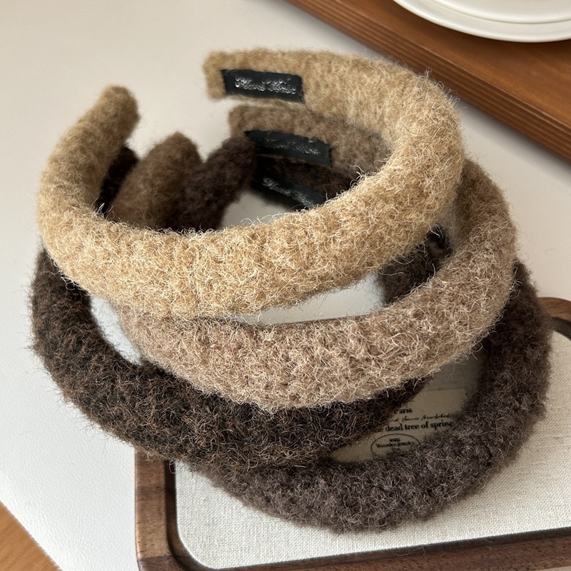 韓系百搭秋冬咖色系羊羔毛慵懶風毛呢美拉德色高顱頂毛絨海綿頭箍