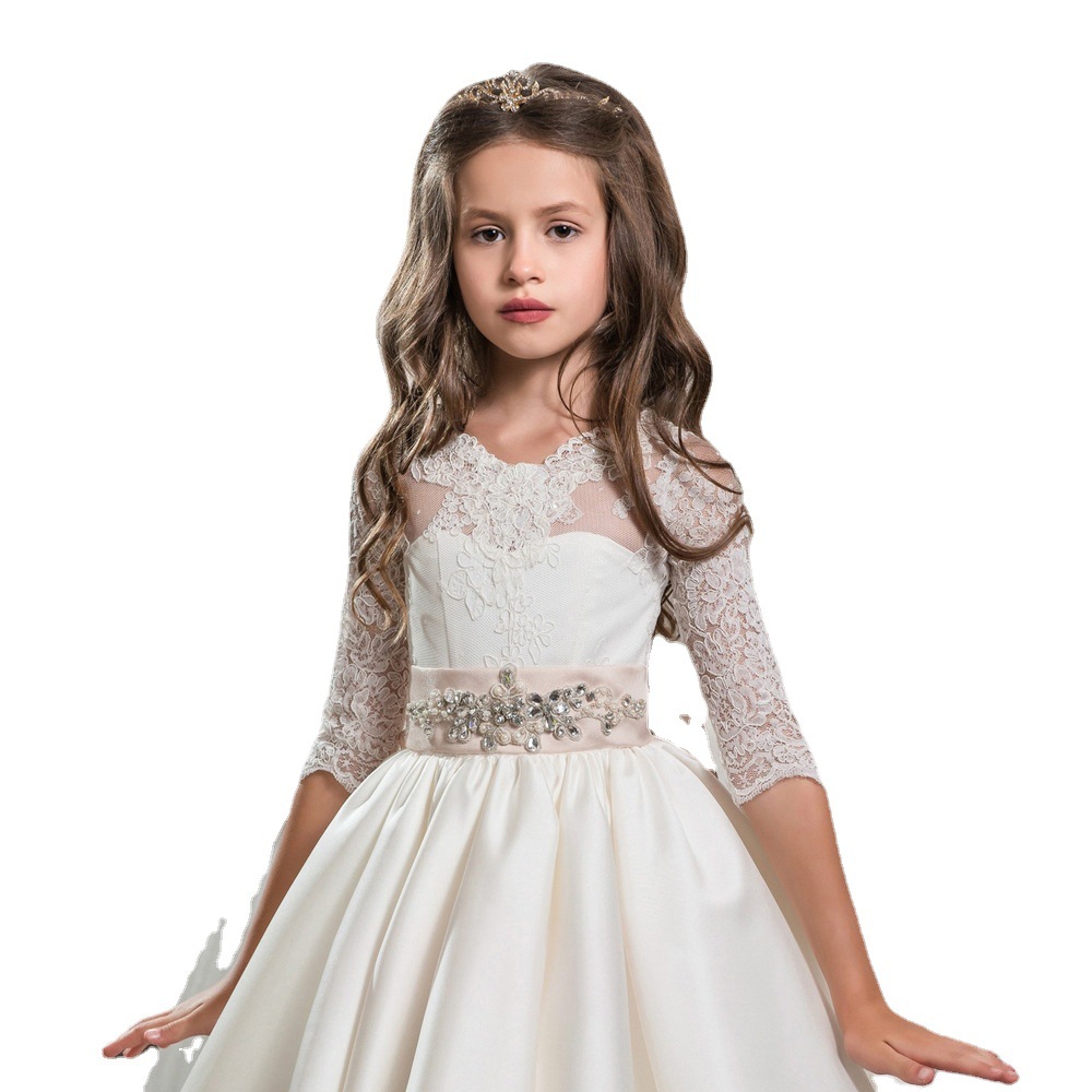 Nueva frontera europea y americana retro satén flor niña vestido de novia diamante encaje arco encaje largo pettiskirt