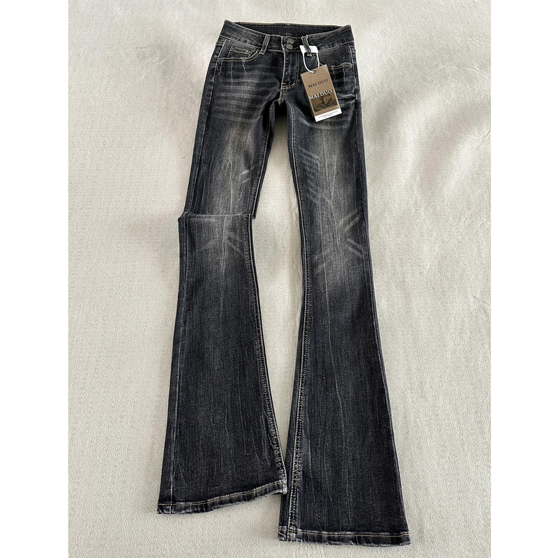 American Retro Black and Gray Low-Waist Flared Jeans for Women, 2026 Summer New Slim-Fit Whiskered Bell-Bottom Pants