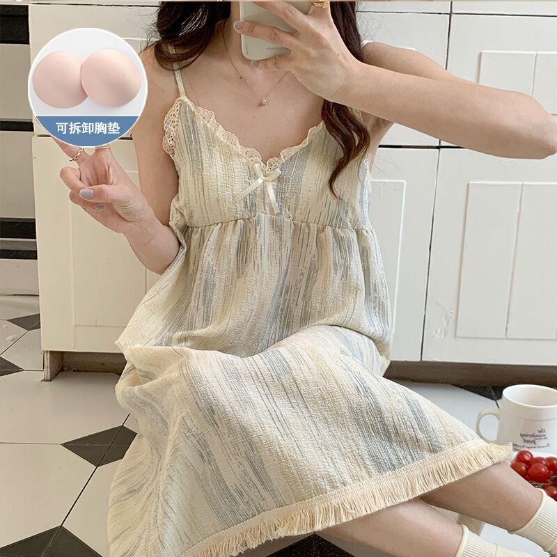 Summer Hot Style Suspender Nightgown with Breast Pads, Detachable Bubble Cotton Pajamas for Women, Loose, Sweet and Cute Home Clothes