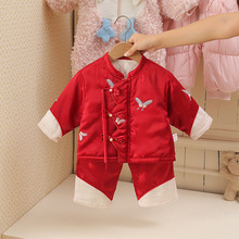 婴儿过年礼服棉红色中式连体衣男女宝宝满月百天喜庆冬季套装棉衣