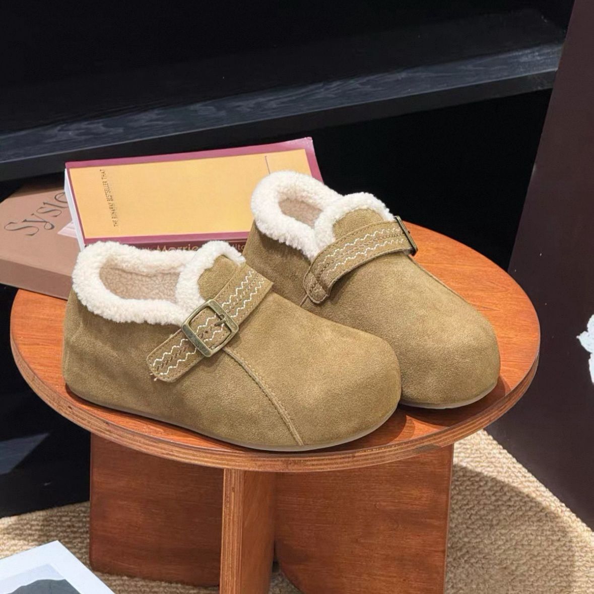 勃肯鞋加绒女软底2025新款复古秋冬鞋子厚底豆豆平底保暖毛毛棉鞋
