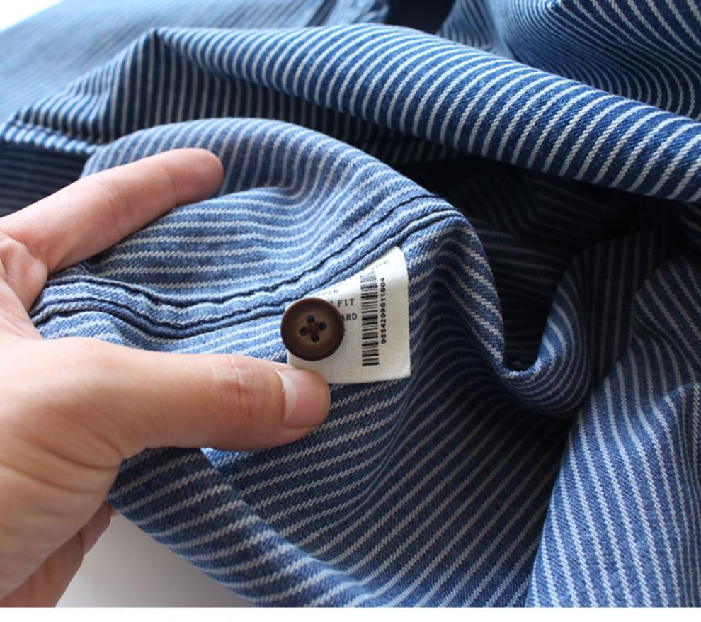 Vintage-Jeanshemd für Herren – Schweres, gestreiftes Langarm-Freizeithemd mit zwei Taschen, lockerer Passform, Polyester-Mischgewebe_voghion.com