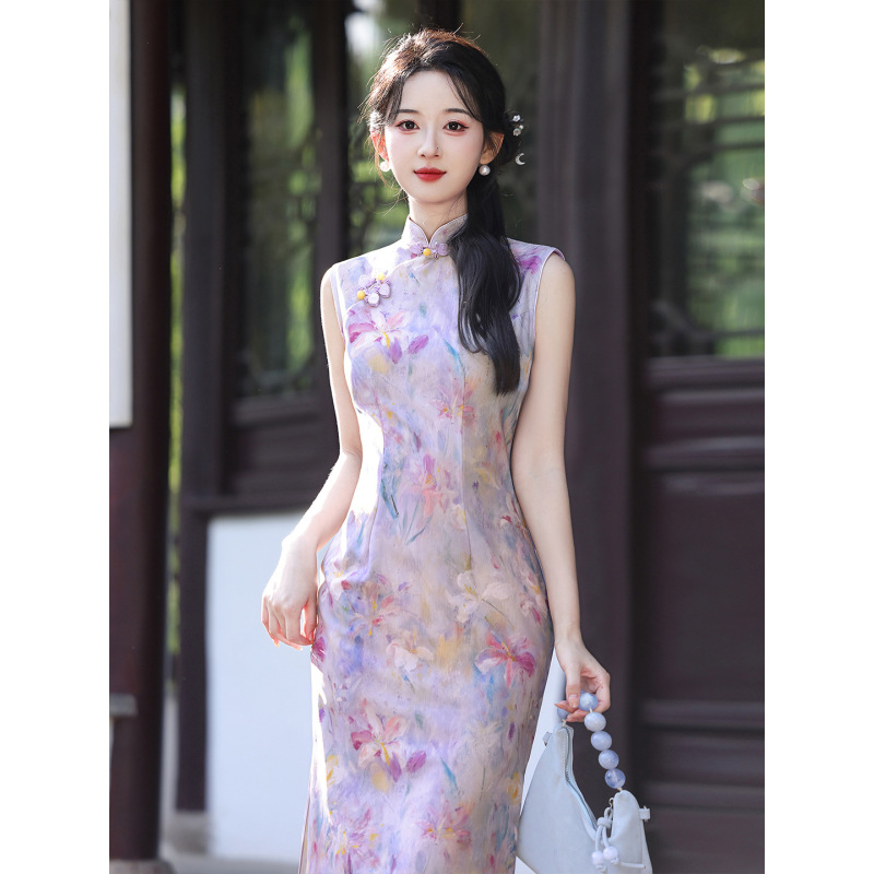 Luoshibo Qipao｜Light Purple｜120Cm Spring/Summer New Oil Painting Color Back Zipper Covered Shoulder Sleeves Slim Fit and Brightening Effect