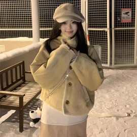 韩系廓形撞色麂皮绒羊羔毛外套女冬短款加厚时尚皮毛一体毛绒上衣