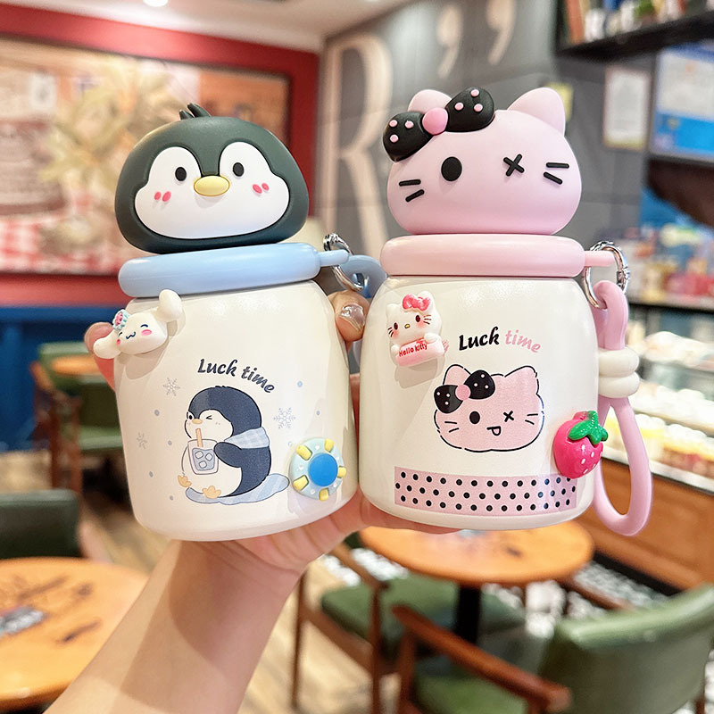 동물 캐릭터 미니 보온병 300ml 휴대용 스트랩 빨대 물병