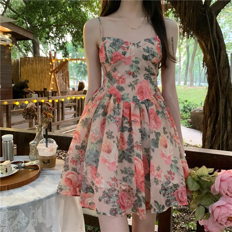 Floral Print Sundress High Waisted a Line Skirt French Inspired Petite Women Fairy like Style Perfect for Spring And Summer_ecoleips.com