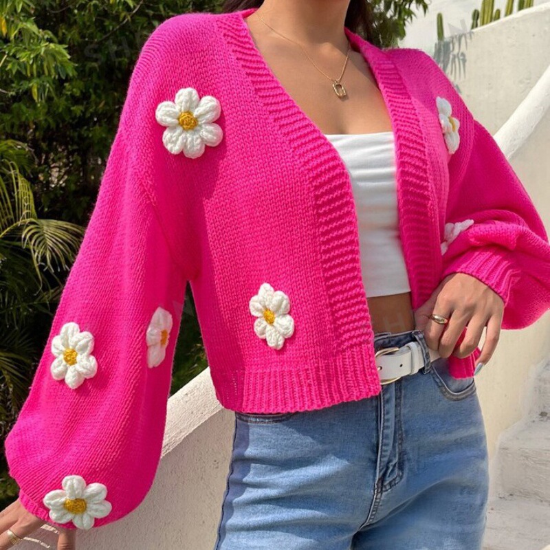 European and American cross-border women's fashion autumn and winter new sweet three-dimensional floral sweater coat, loose short knitted cardigan for women, trendy European and American cross-border women's fashion autumn and winter new sweet three-dimensional floral sweater coat, loose short knitted cardigan for women, trendy