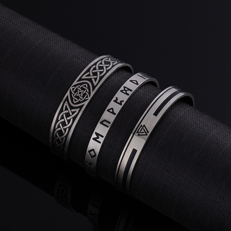 European and American Cross-Border Viking Odin Rune Letter Stainless Steel Open Bracelet Men's Retro Trendy Titanium Steel Bracelet Bracelet