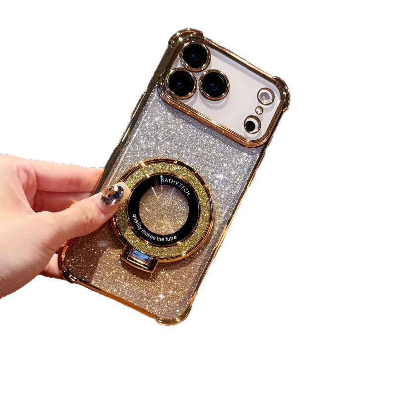 适用iPhone17promax电镀四角防摔手机壳苹果16闪粉磁吸支架保护套|undefined