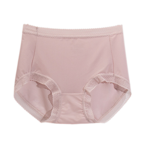 High-waisted large size seamless ice silk panties women's lace summer thin breathable antibacterial pure cotton crotch girls' briefs