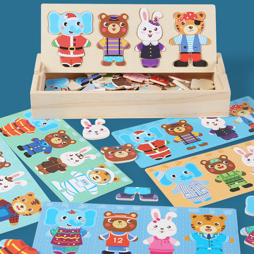 Children's wooden educational early education cartoon small animal dressing puzzle bear changing clothes puzzle toy ce